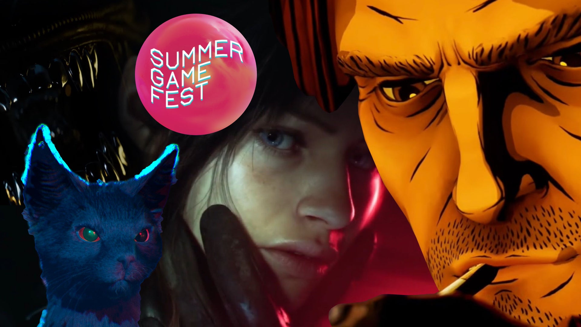 Composite image showing characters from The Wolf Among Us 2, the Resident Evil: Code Veronica remake, Alien Isolation 2, and 1666: Amsterdam, plus the Summer Game Fest logo.