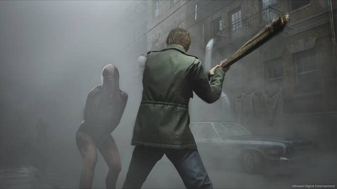 James Sunderland swings the Wooden Plank at a Lying Figure in the Silent Hill 2 remake