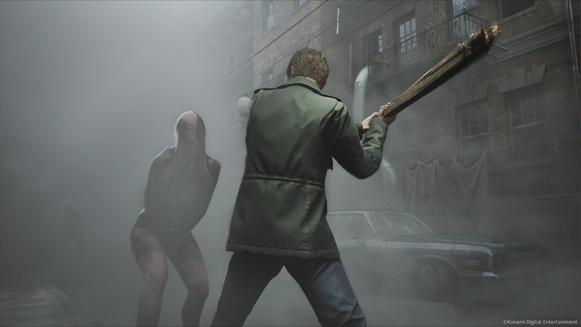 James Sunderland swings the Wooden Plank at a Lying Figure in the Silent Hill 2 remake - 1