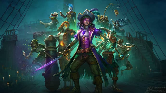 An illustration showing all eight members of the Red Marley’s undead crew gathered together in a heroic pose. Fearless female pirate Afia Manicat stands front and centre, glowing spectral sword in hand.