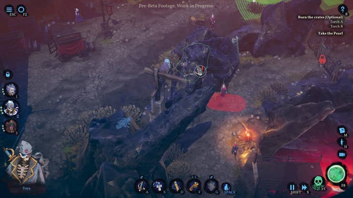 A pirate prepares to push a rock on top of a guard in Shadow Gambit: The Cursed Crew