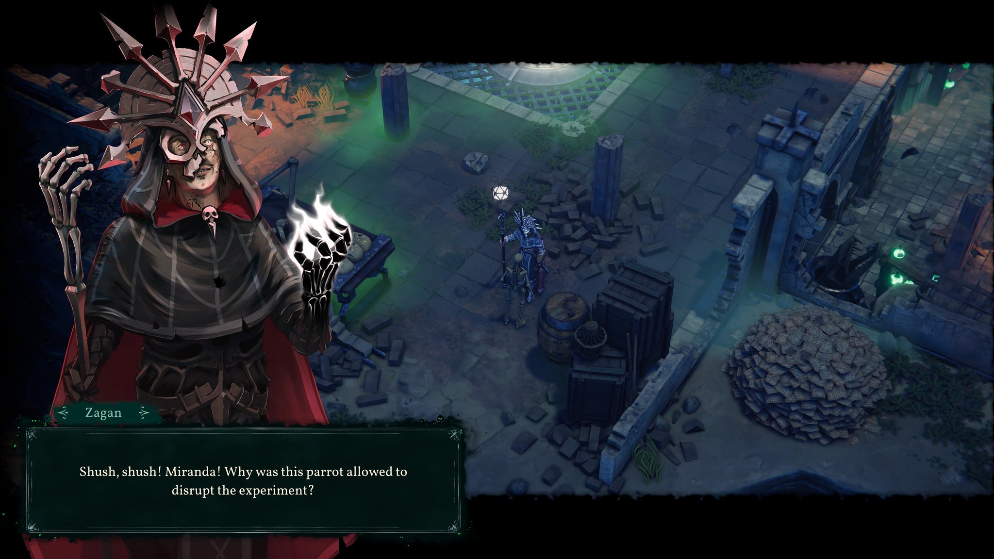Zagan talks to a skeleton about a parrot in Shadow Gambit: The Cursed Crew - 5