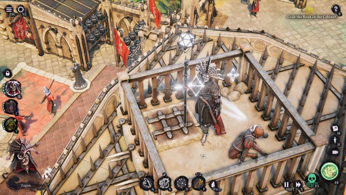 Zagan stands next to a stunned guard on top of a tower in Shadow Gambit: The Cursed Crew