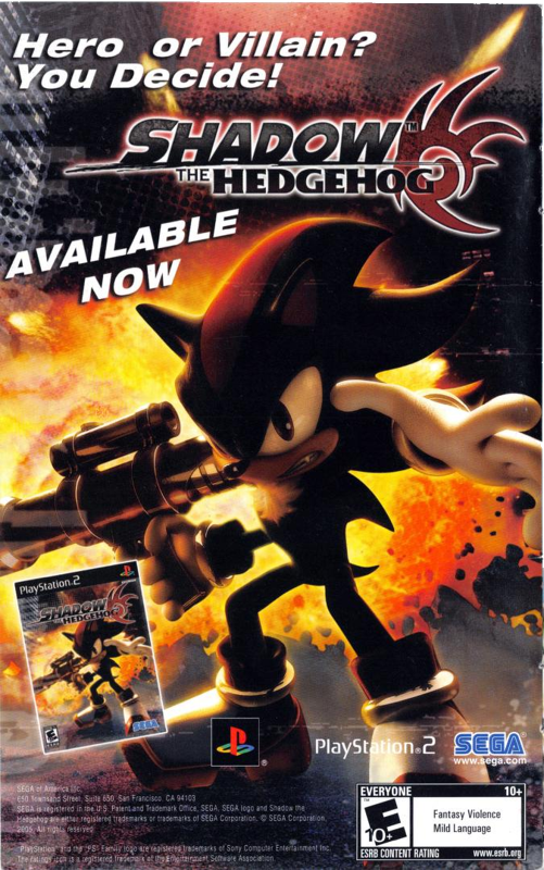 An advert for Shadow the Hedgehog, featuring Shadow growling while holding a large gun in front of an explosion. The ad says players can decide if he&rsquo;s a hero or villain.
