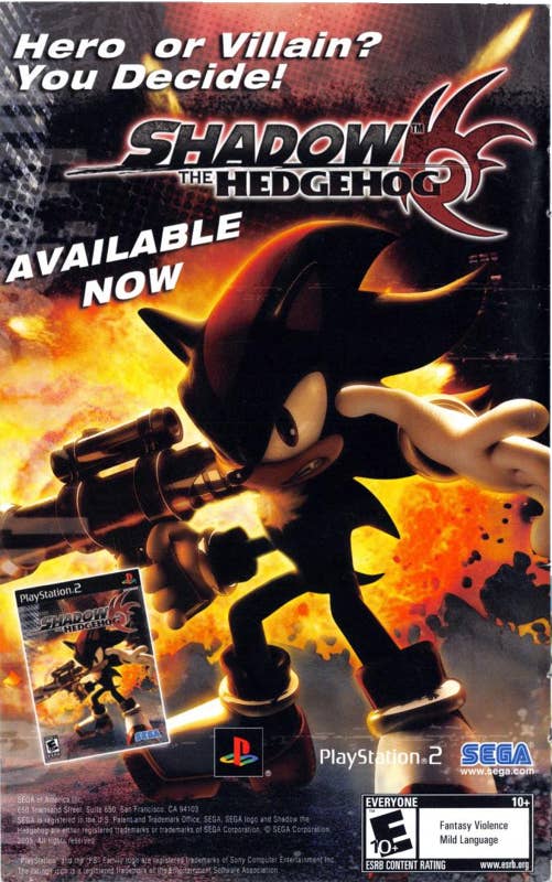 An advert for Shadow the Hedgehog, featuring Shadow growling while holding a large gun in front of an explosion. The ad says players can decide if he’s a hero or villain.