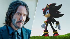 On the left, Keanu Reeves as the titular John Wick looking at something offscreen. On the right, Shadow the Hedgehog stood on a grassy path overlooking his shoulder to the camera.