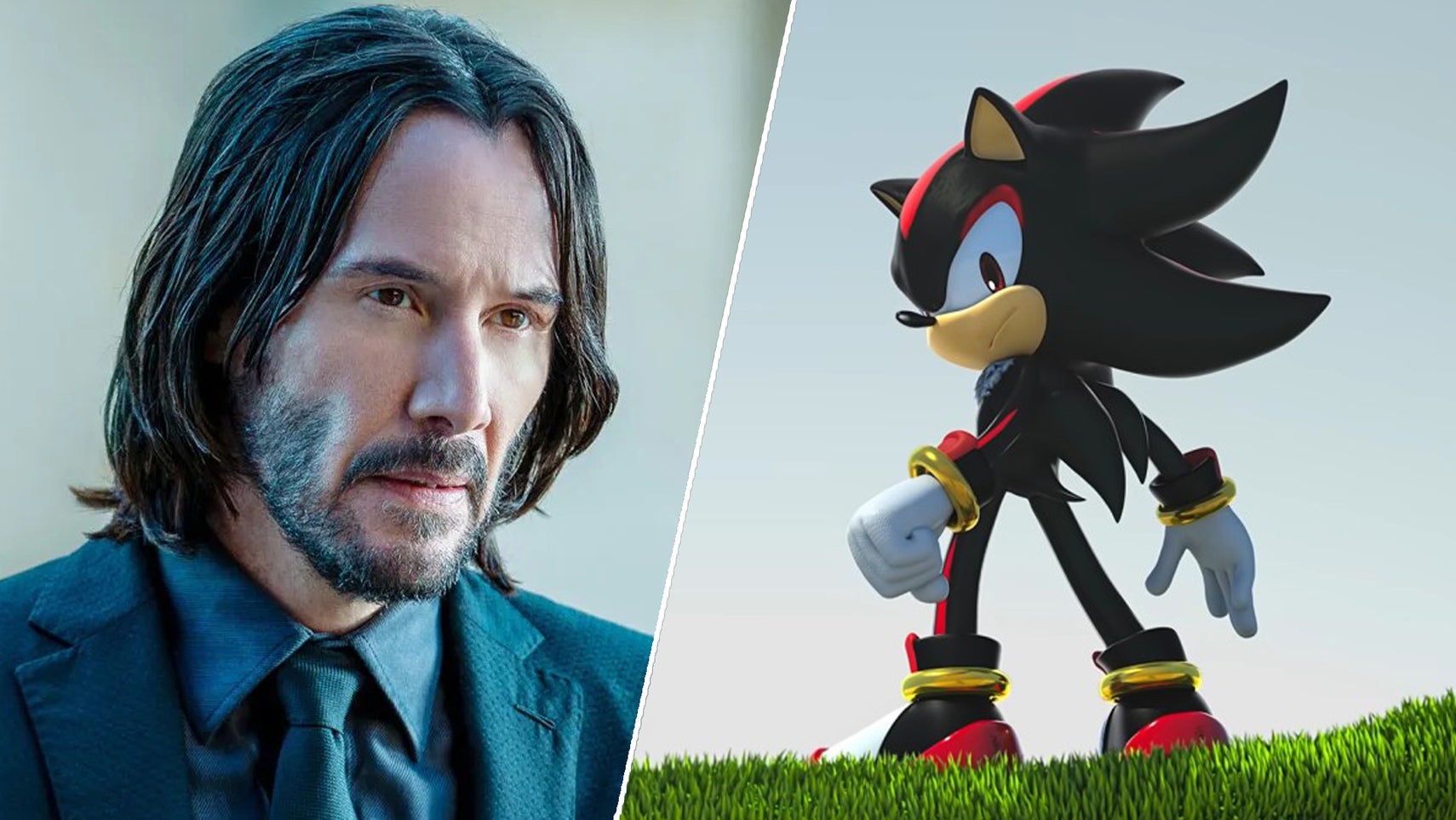 On the left, Keanu Reeves as the titular John Wick looking at something offscreen. On the right, Shadow the Hedgehog stood on a grassy path overlooking his shoulder to the camera. - 1