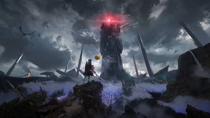 A hooded figure and a floating yellow orb are stood looking at a futuristic tower with a glowing red light atop of it in key art for Shadow Labyrinth.