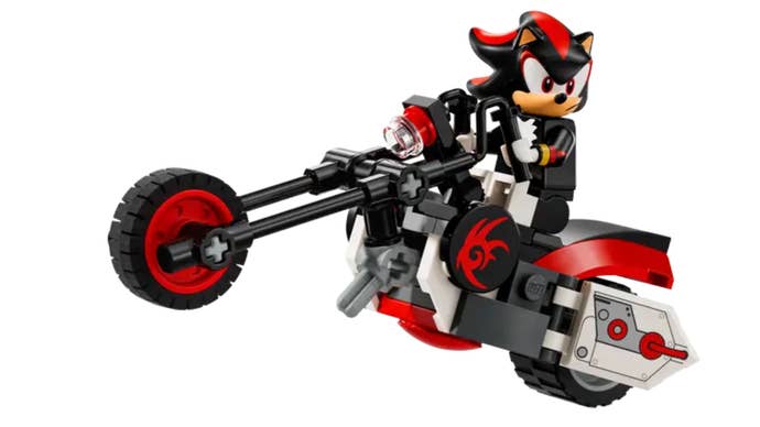 Close up of Shadow Lego figure on motorbike