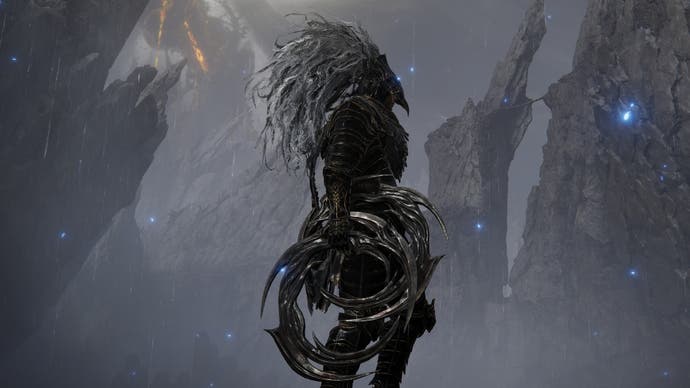 A warrior stands in profile against a rocky landscape with the Curseblade's Cirque  in Elden Ring Shadow of the Erdtree.