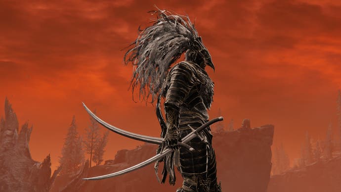 A warrior stands in profile against a red sky with the Backhand Blade  in Elden Ring Shadow of the Erdtree.