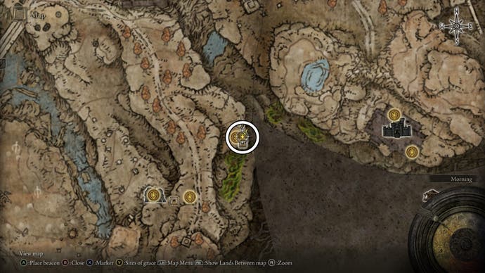 A map screen from Shadow of the Erdtree showing the location of Thioller the merchant