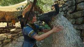 Lara Croft prepares to smooch a llama in Shadow Of The Tomb Raider