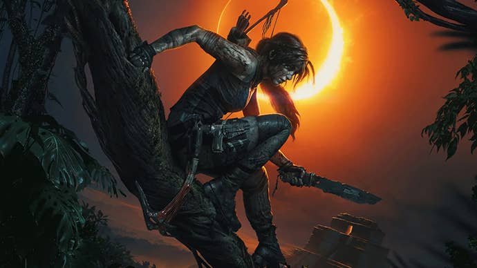 Artwork for Shadow of the Tomb Raider showing Lara Croft perched on a tree holding a knife and covered in mud.