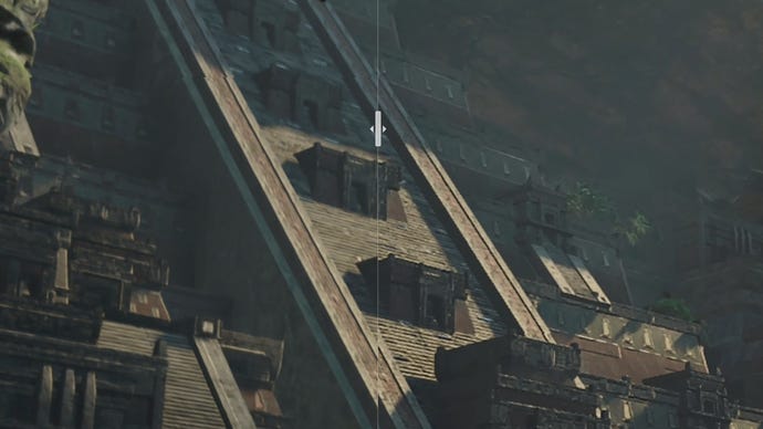 A zoomed-in comparison image showing how some steps in Shadow of the Tomb Raider look with DLSS versus Nvidia Image Scaling.