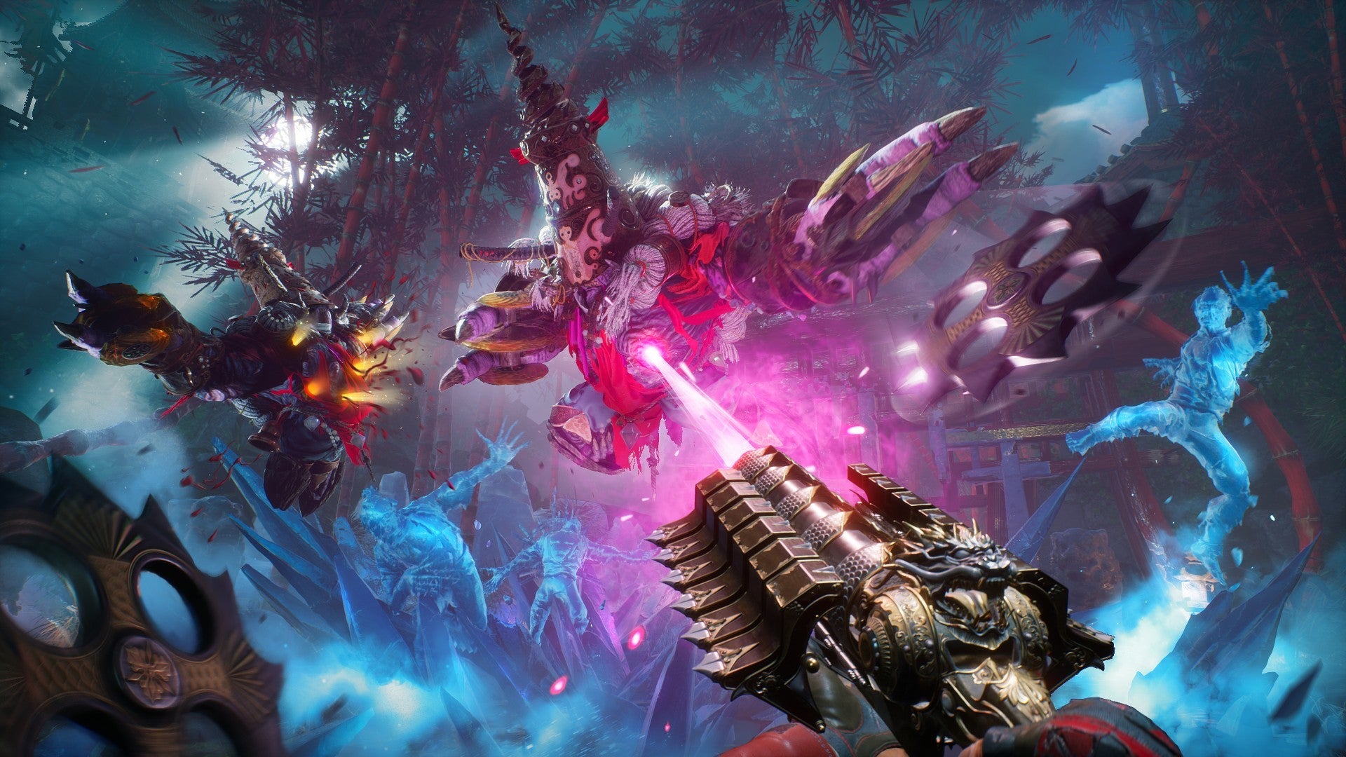 Blasting a demon with an ornate lasergun in a Shadow Warrior 3 screenshot.