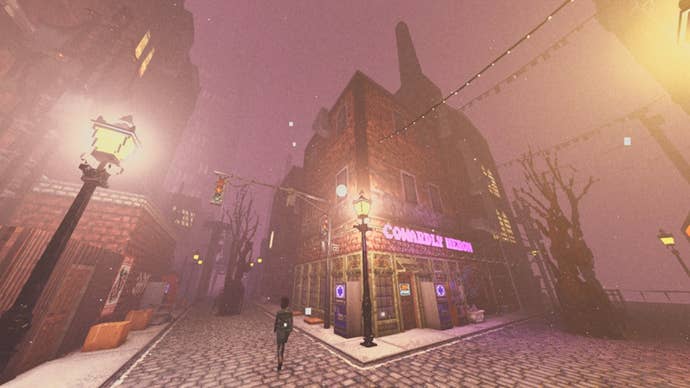 A person walks past the “Cowardly Heron” during a snowy night in Shadows Of Doubt.