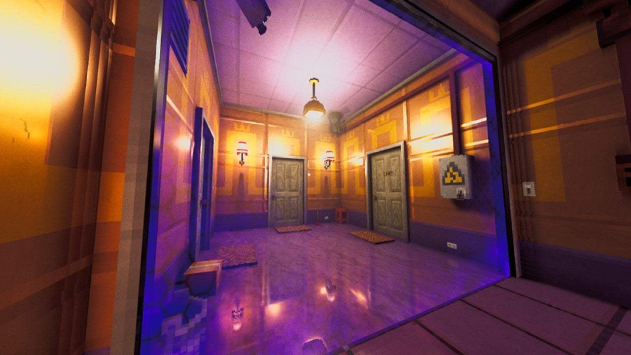 Doors to three flats in a fancy tower block, all protected by an opaque purple barrier in Shadows Of Doubt. - 3