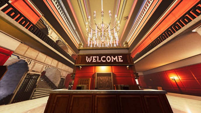 The lobby of a grand hotel in Shadows Of Doubt.