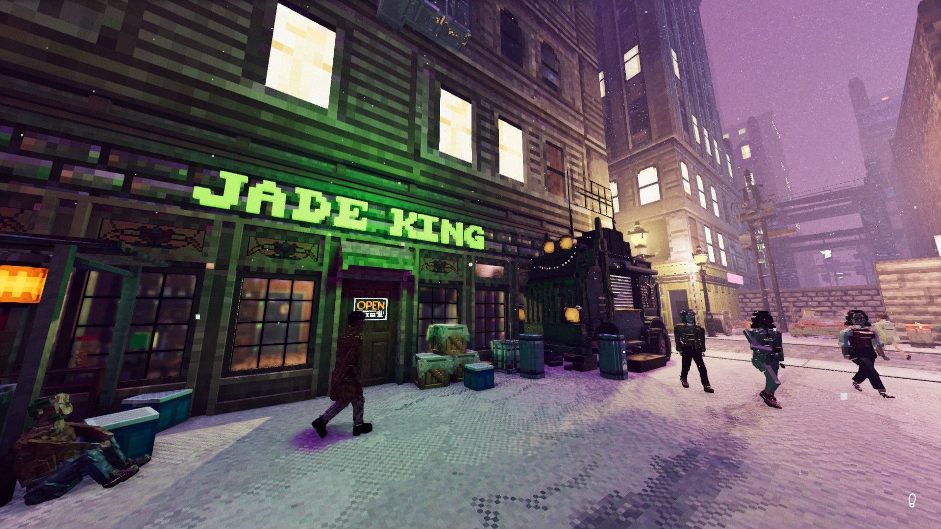Passers-by walk in the snow on the city streets, past a store called Jade King. - 1