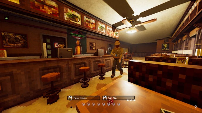 A barman walks past the player, who sits in a booth.