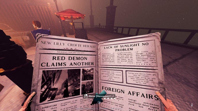 The player reads a newspaper in the fog - an article about the “Red Demon” murderer