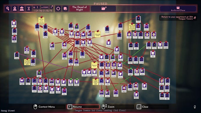 An array of many photos and notes arranged with string on a corkboard.