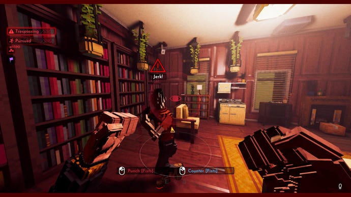 A suspect shouts “Jerk!” at the player, as they fist fight in an apartment.