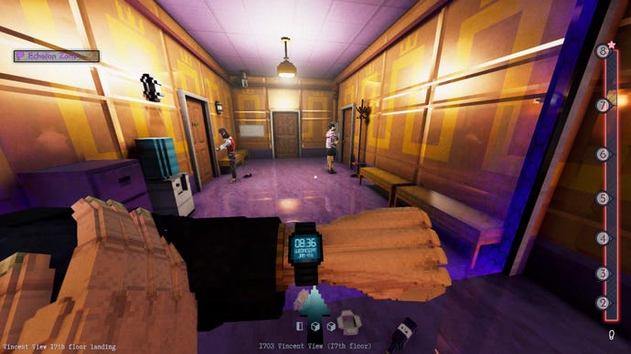 The player stakes out a hallway, looking at his watch as two residents enter their homes.