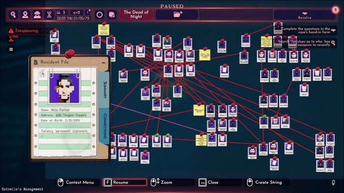 Many photos and notes on a corkboard, with a printout of a suspect called Aria Parker.