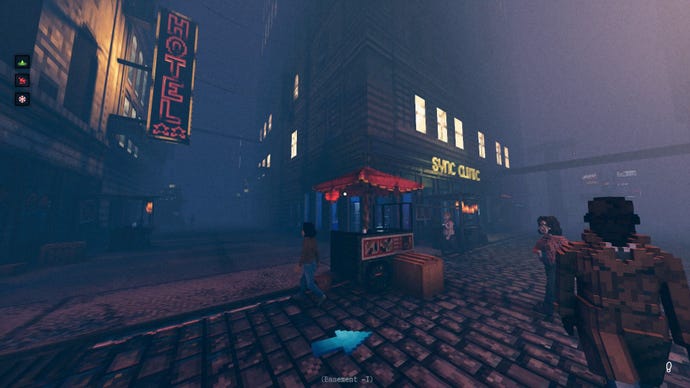 The foggy streets of the city are lit up by neon signs.