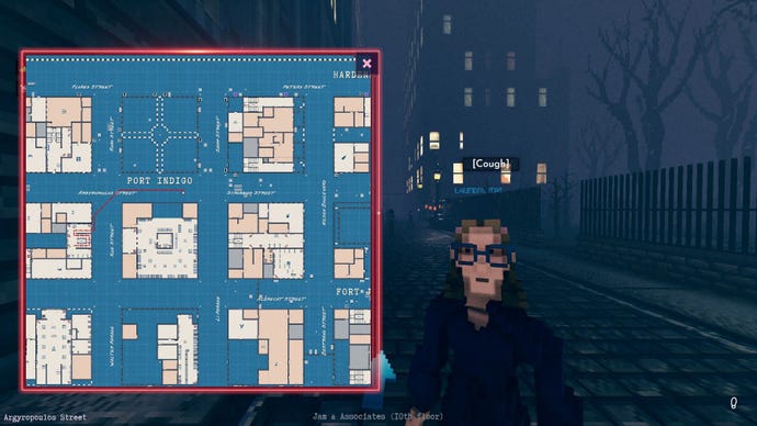 A map is overlaid on the screen as the player walks, and a woman passes by.