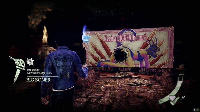 Garcia stares at a lewd poster, depicting a woman on all fours with a portal placed in a certain spot, and a message that reads, “Need a bigger boner?”.