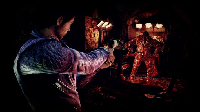 Garcia Hotspur aims his gun, the shapeshifting demon Johnson, at a monster in Shadows of the Damned: Hella Remastered