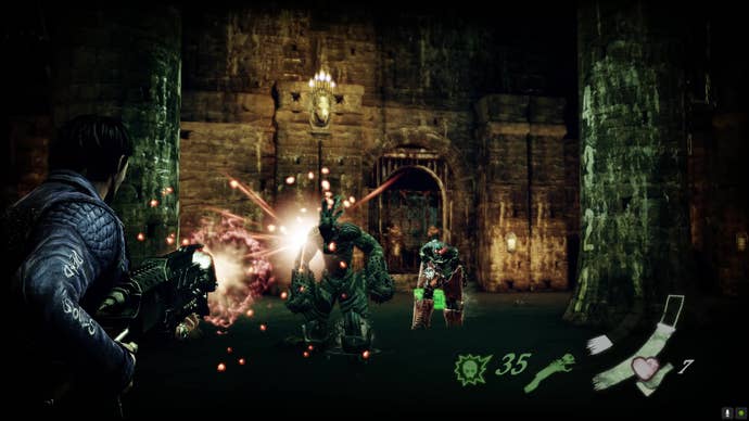 Garcia fires off a shotgun into one armoured enemy, as another armoured enemy approaches.