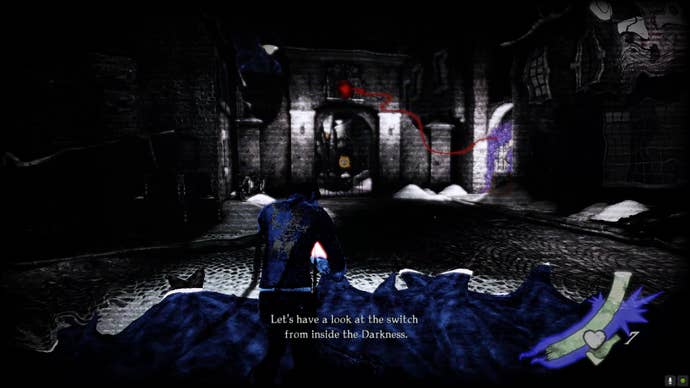 Garcia steps into the darkness and sees a red vein leading to a red orb in the distance.