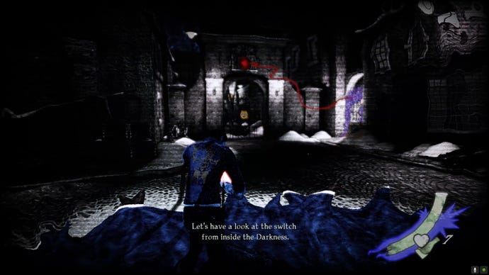 Garcia steps into the darkness and sees a red vein leading to a red orb in the distance.