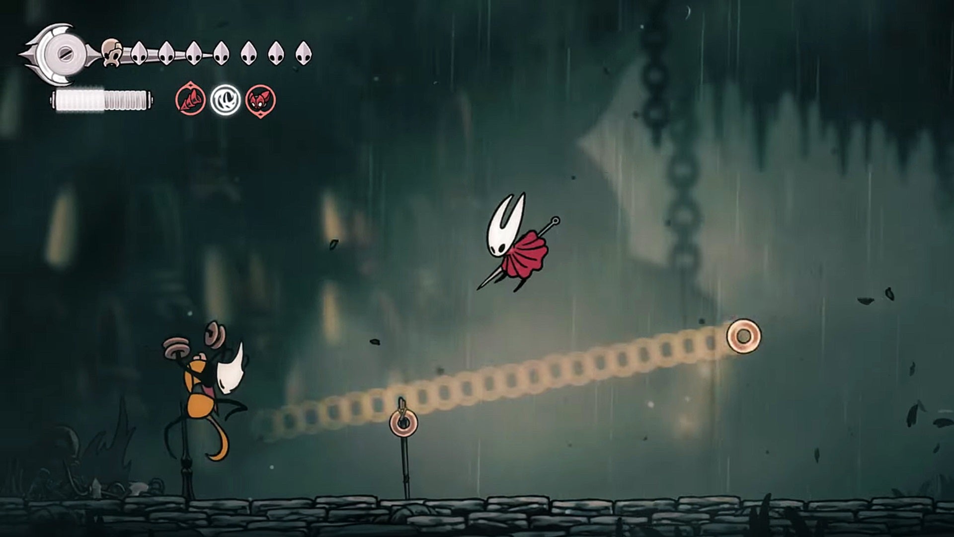 Hornet dodges one of Shakra's throwing rings in a friendly duel in Hollow Knight: Silksong. - 61