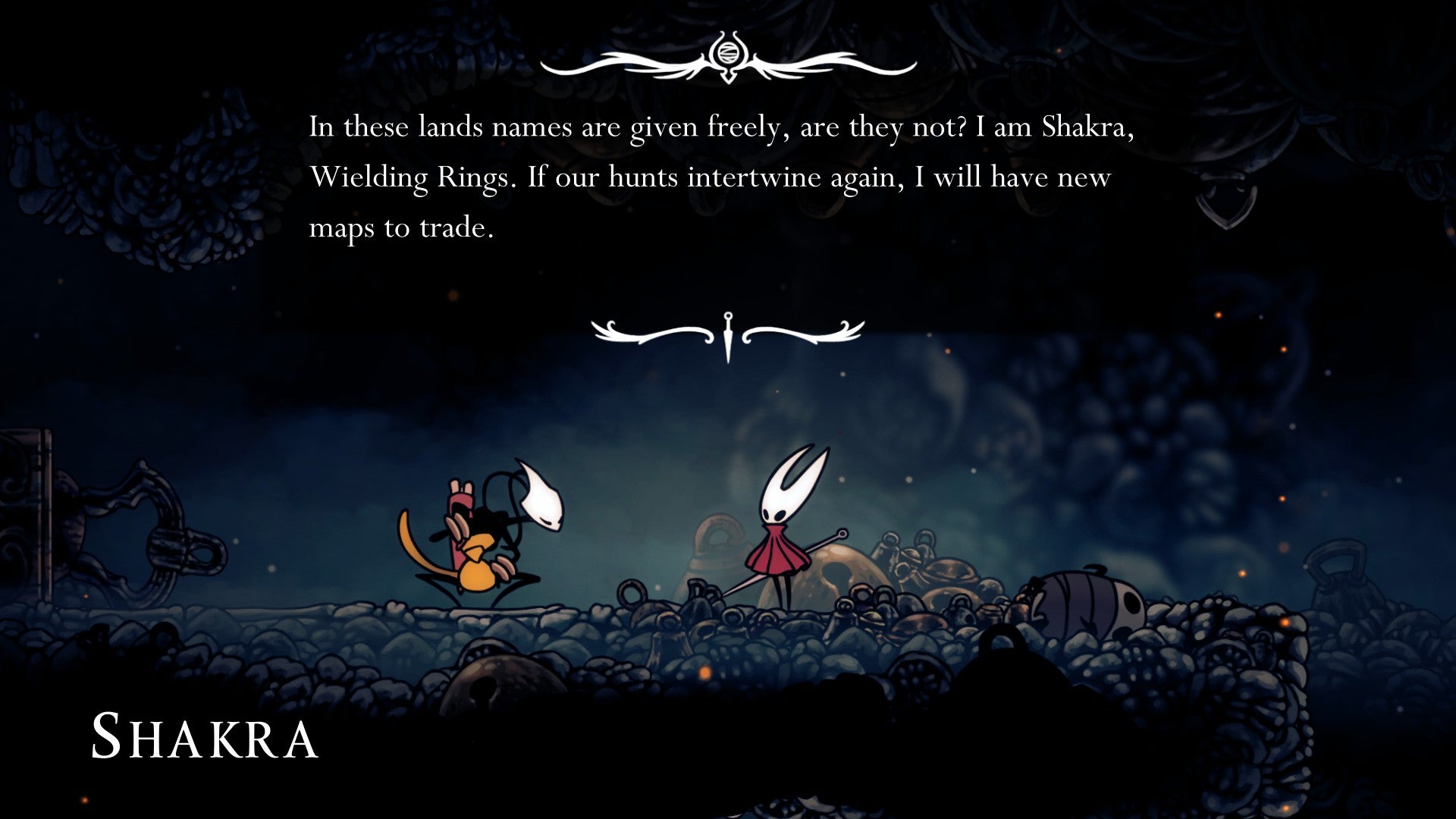 Shakra, the map seller, delivers dialogue to Hornet in Hollow Knight: Silksong. - 8