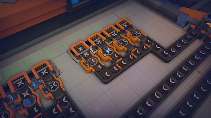 A close-up of a row of shape extractors in Shapez 2 which produce a pointed star shape, which is then immediately chopped in half by the next row of buildings before being output onto a conveyor belt.