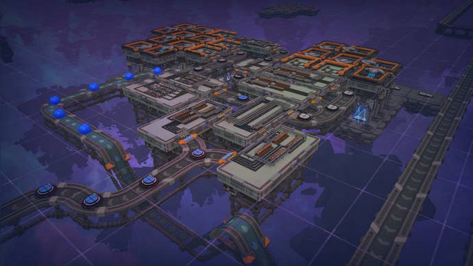 A section of a factory in Shapez 2, featuring miners, platforms, and belts all interweaved in an area of empty space.
