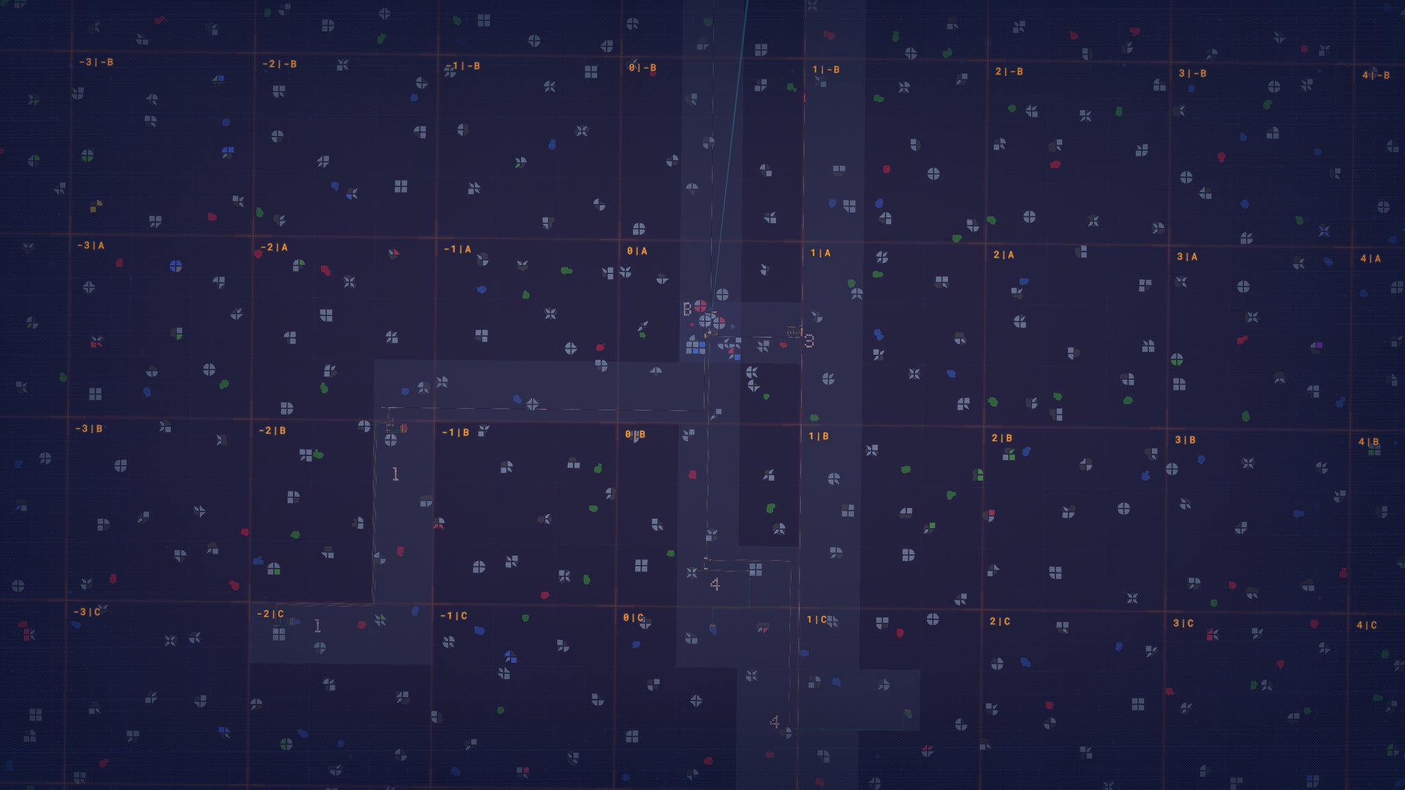 A zoomed out look at a map in Shapez 2, showing a large number of shape asteroids dispersed uniformly across the landscape. - 6