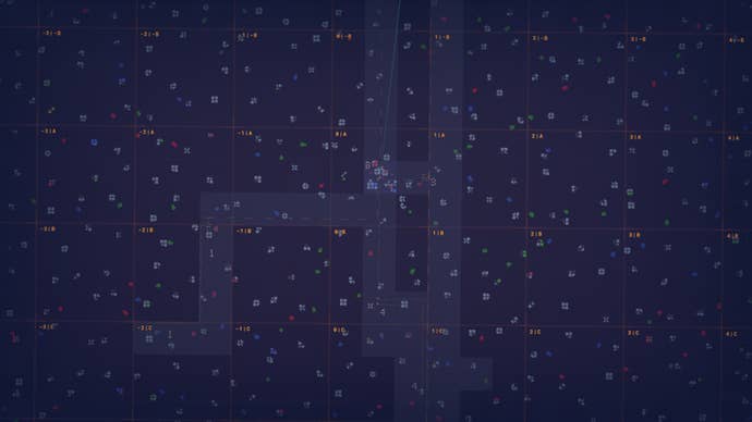 A zoomed out look at a map in Shapez 2, showing a large number of shape asteroids dispersed uniformly across the landscape.