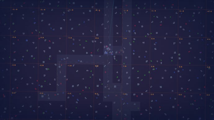 A zoomed out look at a map in Shapez 2, showing a large number of shape asteroids dispersed uniformly across the landscape.