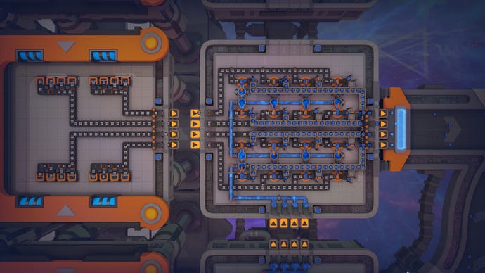 A top-down view of a painting module in Shapez 2 which takes in four belts of shapes and paints them blue before outputting them to the other side of the platform.