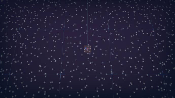 The furthest zoom level in a Shapez 2 map, showing hundreds of shape patches around the player’s base.