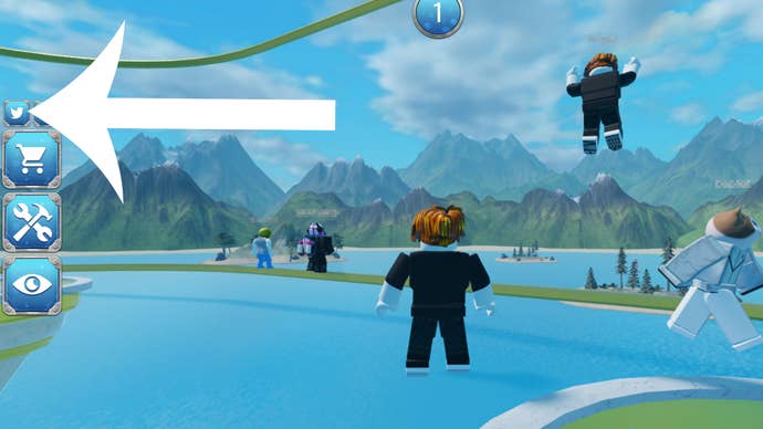 The in-game lobby for Roblox game SharkBite 2 and an arrow pointing at the button you need to press to redeem a code.