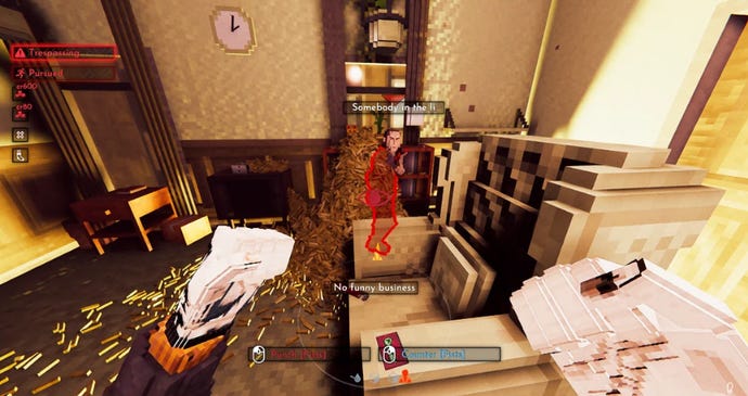 A pile of ammo casings in Shadows Of Doubt thanks to a bug that causes snipers to miss