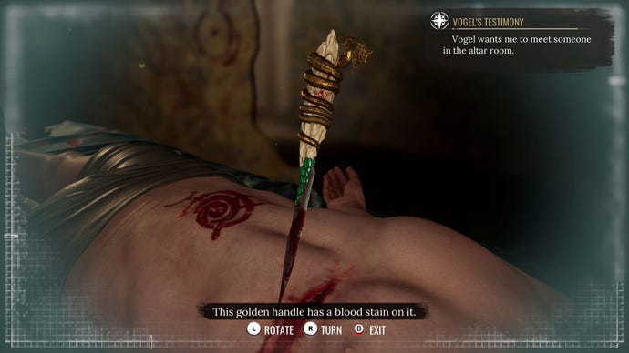 Sherlock Holmes examines a dead body, which has been stabbed with an ornate dagger with a snake curled around it.