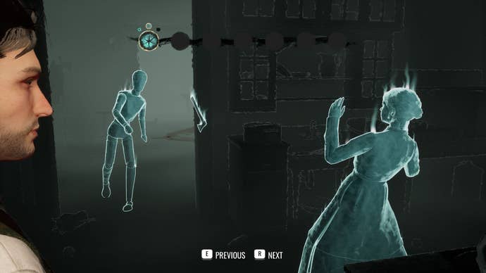 A scene from Sherlock Holmes The Awakened where Holmes is imagining what happened at a crime scene: an unknown figure throwing an axe at a woman